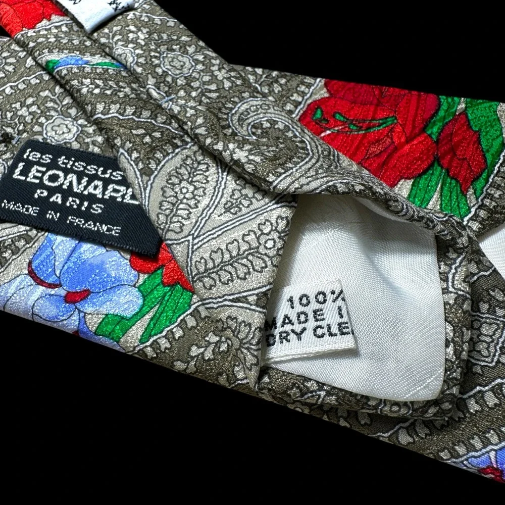 Leonard Paris Maus & Hoffman Mens Silk Tie Paisley Floral Red Green Italy France